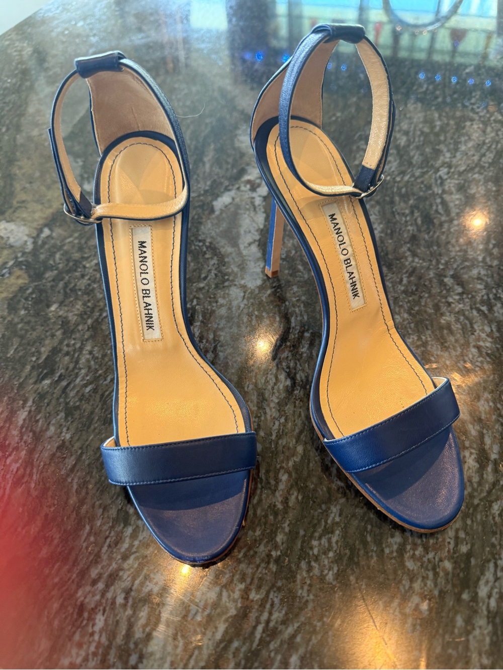 Manolo Blahnik Navy Leather Stiletto Sandals - Picture 2 of 4